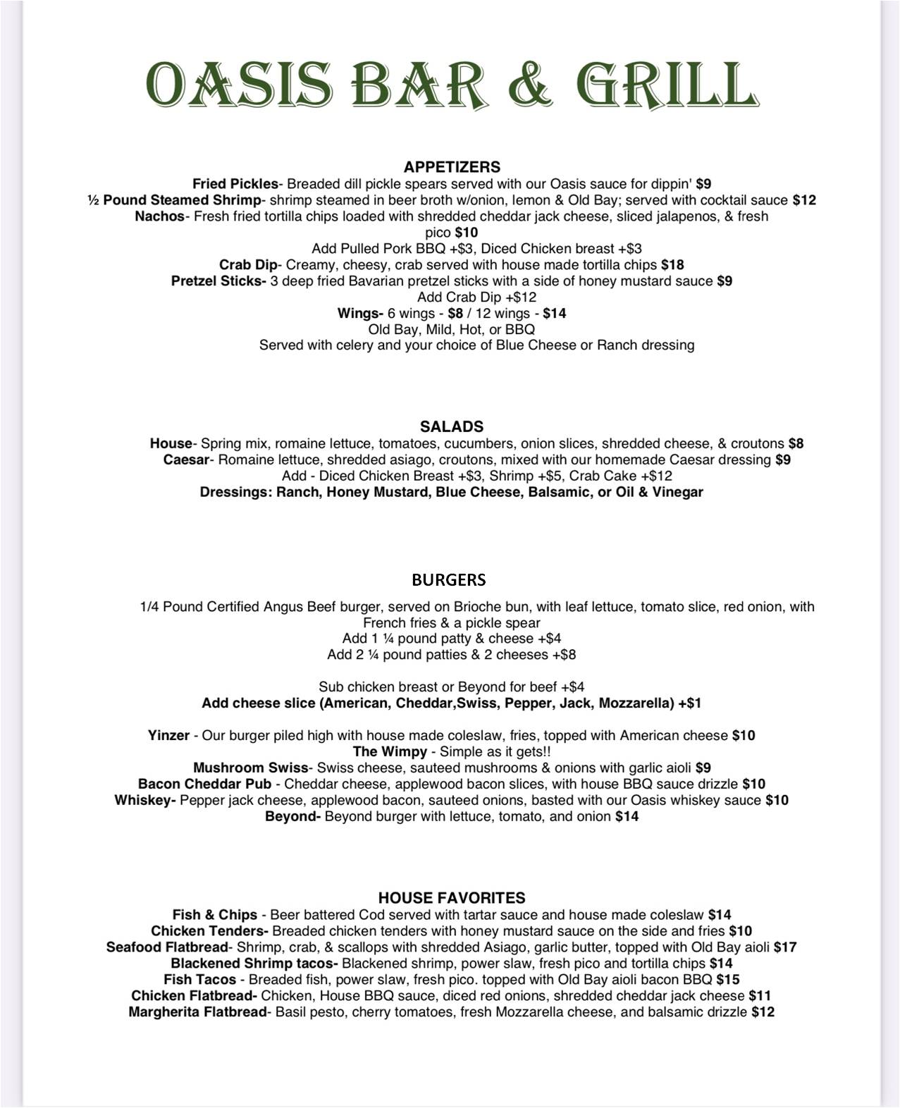 Menu - Oasis Bar & Grill